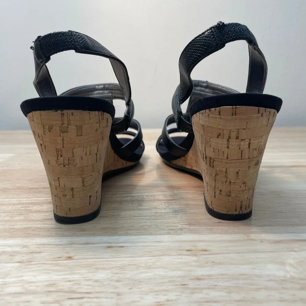 AK‎ Anne Klein Chanatj Black Textured Cork Wedge Slingback Sandals 9M